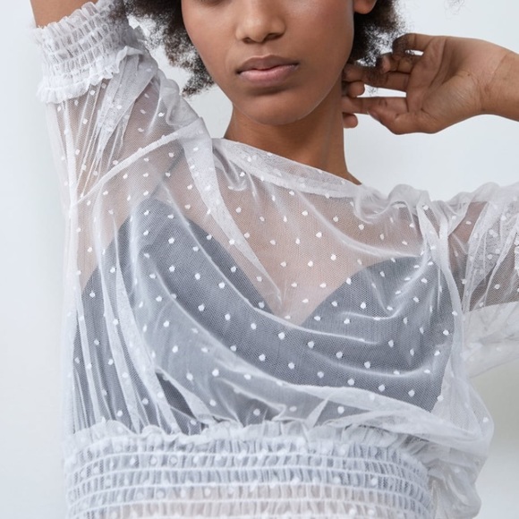 🌞NWT Zara Semi Sheer Polka Dot White Top M - Picture 5 of 7